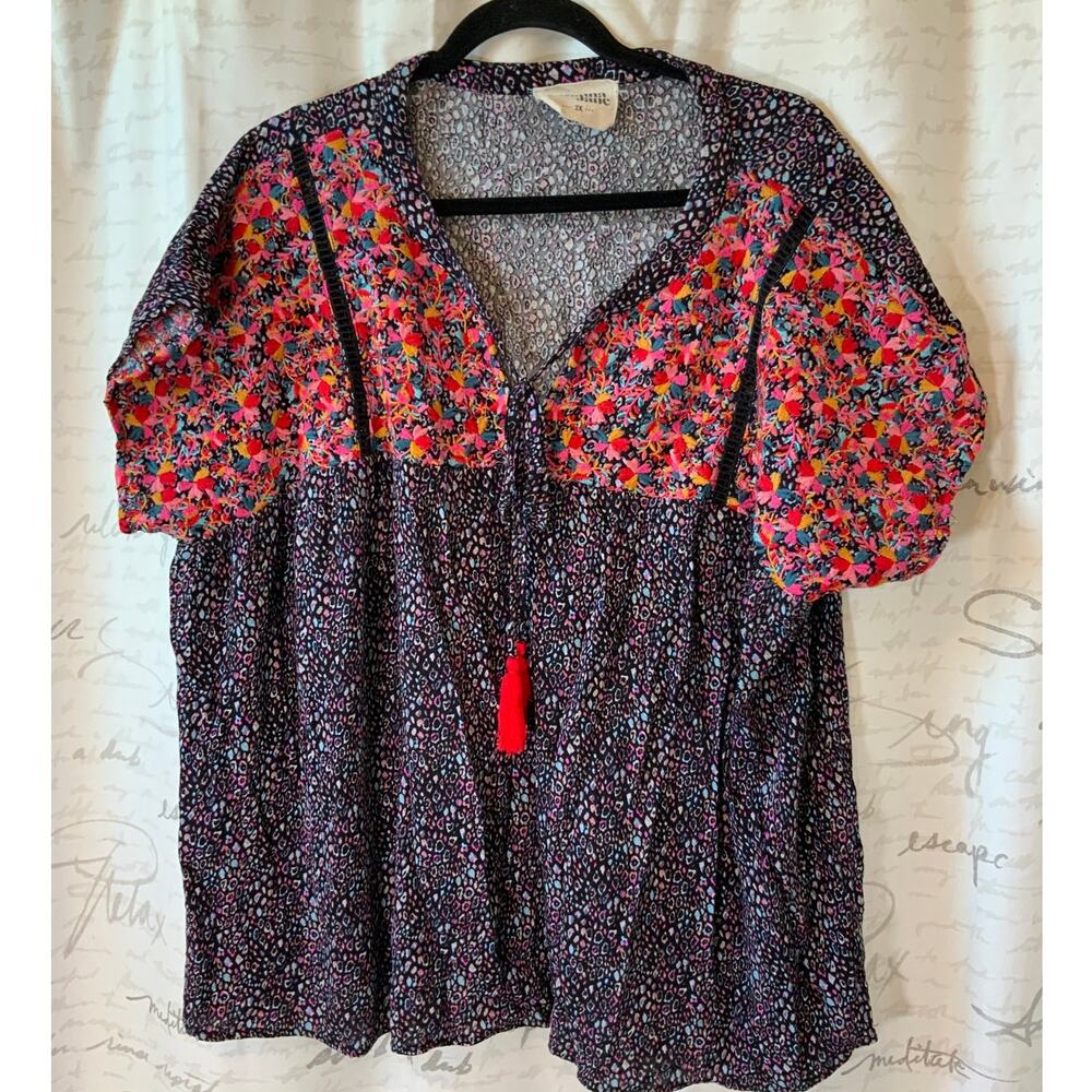 Savannah Jane Plus Size 2X Boho Embroidered Tassel Tunic Top Floral Hippie